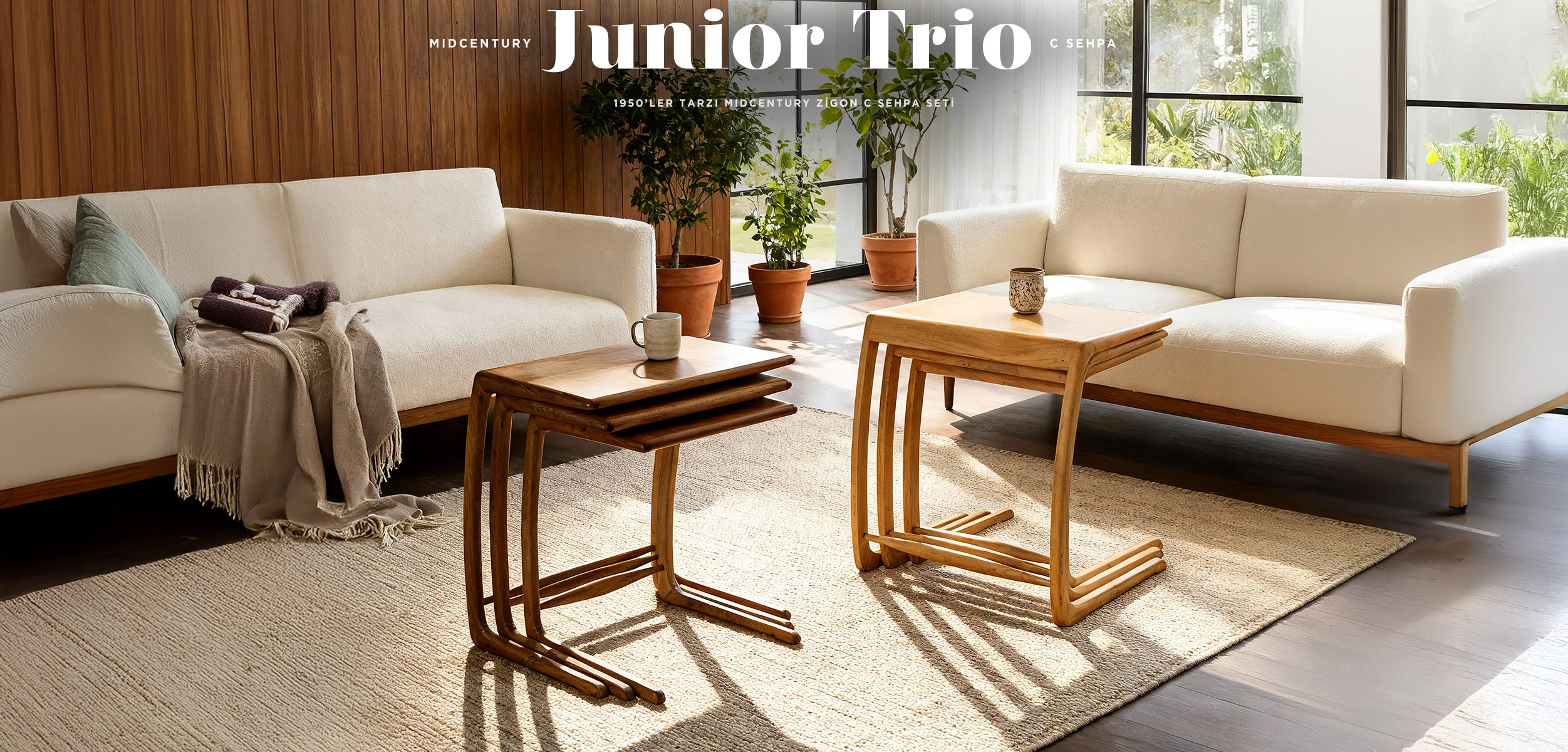 Junior Trio MidCentury Ceviz Zigon C Sehpa Seti resmi